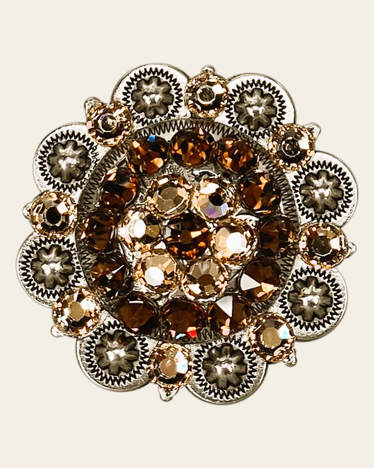 Topaz & Champagne Antique Silver 2" European Crystal Concho on a warm cream background