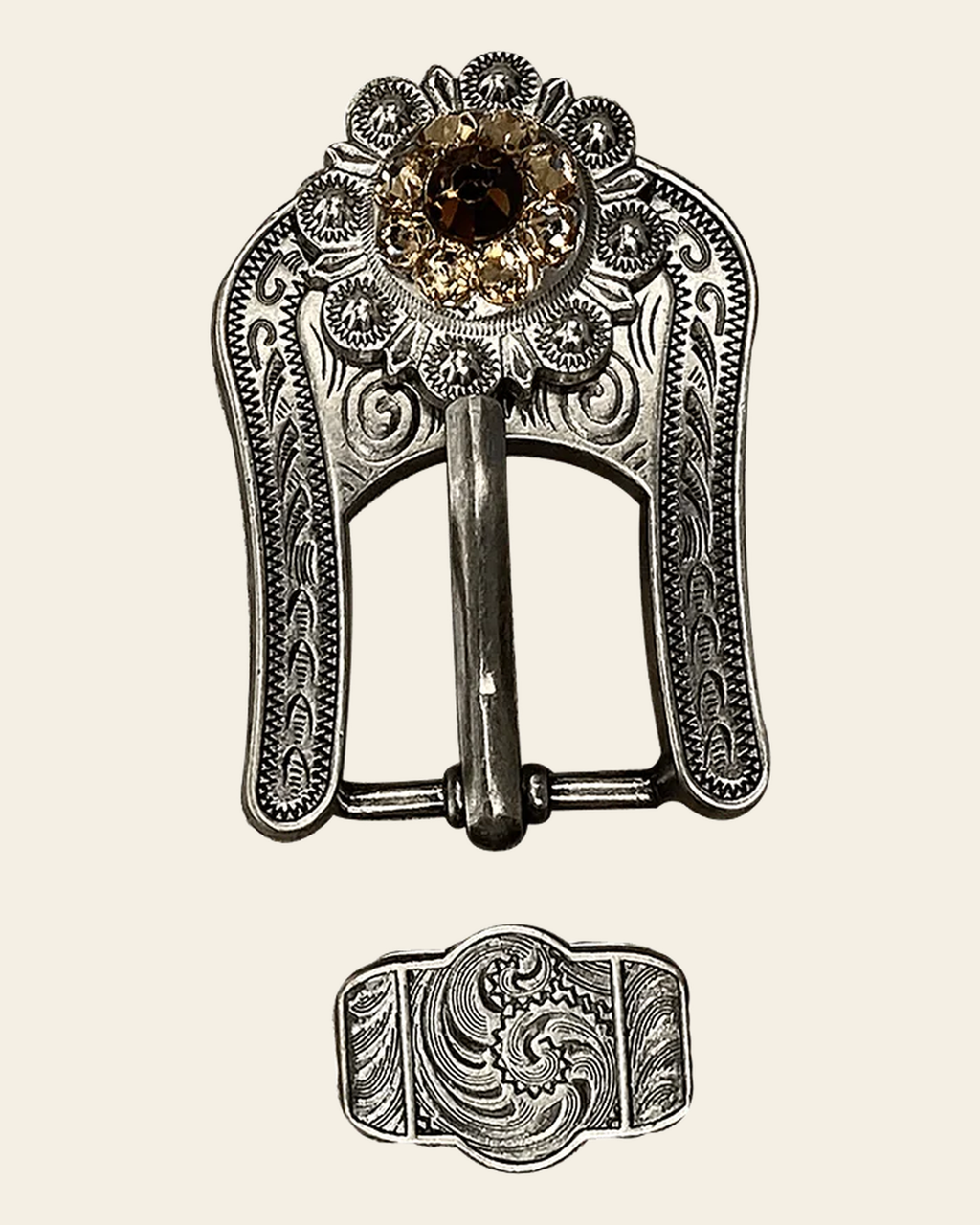 Topaz & Champagne Antique Silver European Crystal Buckle Keeper Set on a warm cream background