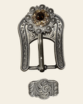 Topaz & Champagne Antique Silver European Crystal Buckle Keeper Set on a warm cream background
