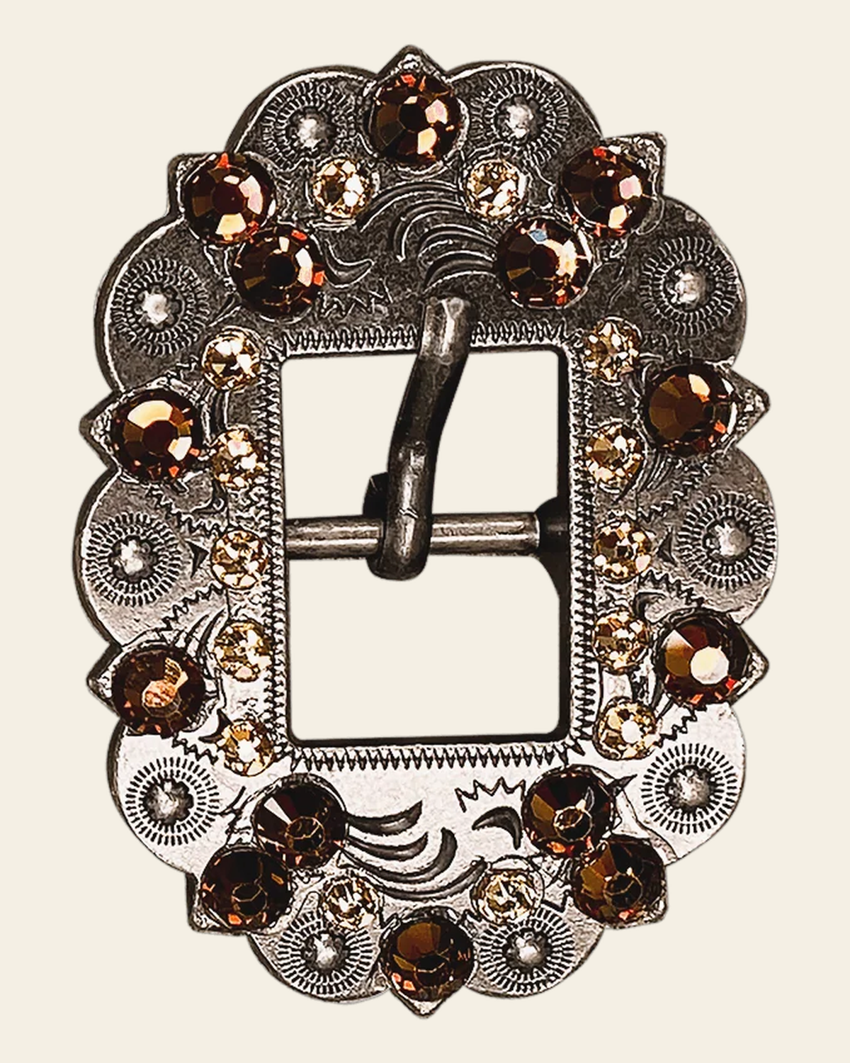 Topaz & Champagne Antique Silver European Crystal Cart Buckle on a warm cream background