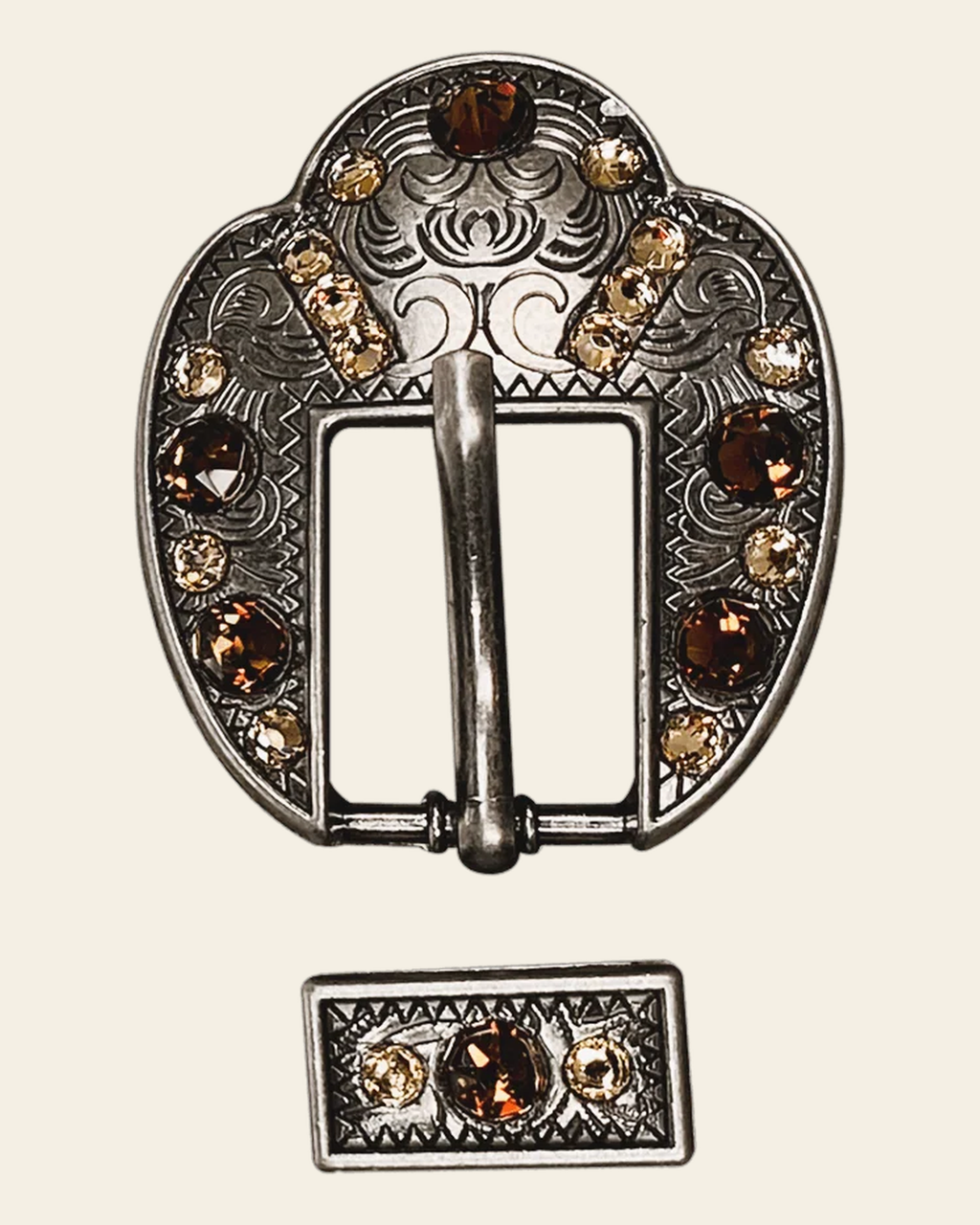 Topaz & Champagne Antique Silver European Crystal Fancy Buckle on a warm cream background