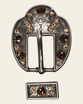 Topaz & Champagne Antique Silver European Crystal Fancy Buckle on a warm cream background