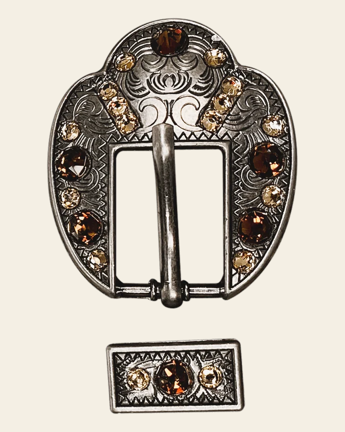 Topaz & Champagne Antique Silver European Crystal Fancy Buckle on a warm cream background