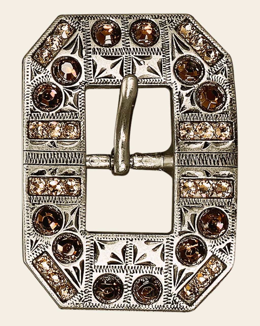 Topaz & Champagne Antique Silver European Crystal Square Cart Buckle on a warm cream background