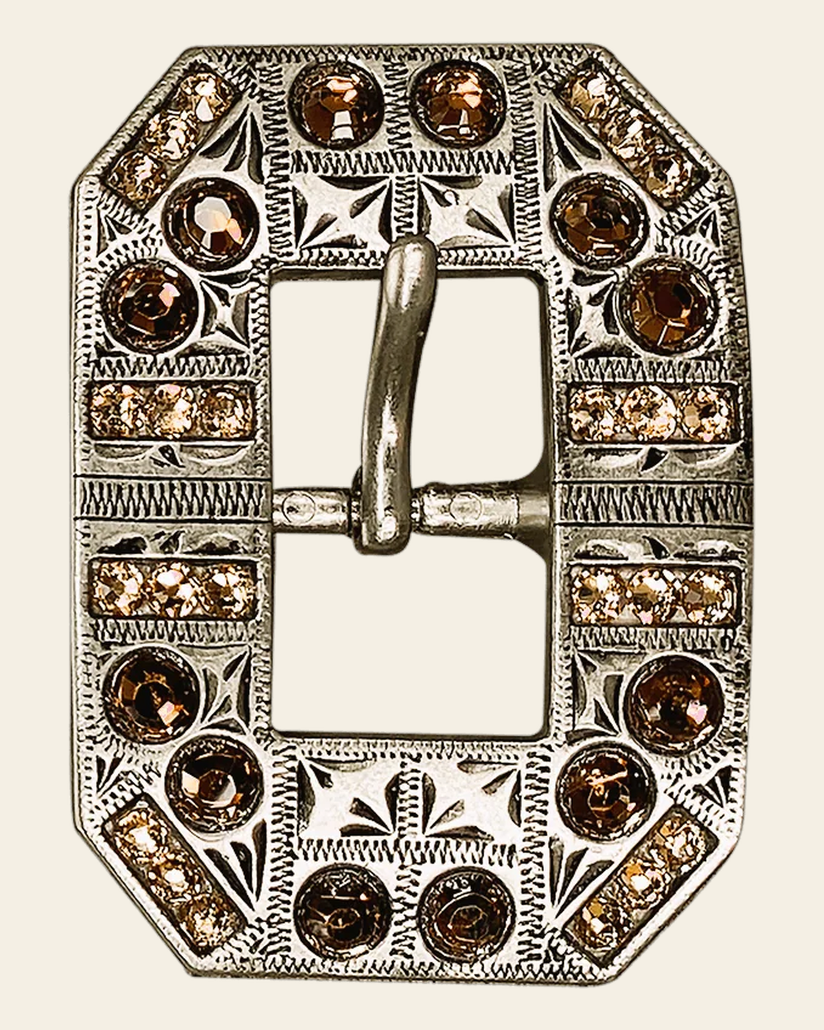 Topaz & Champagne Antique Silver European Crystal Square Cart Buckle on a warm cream background