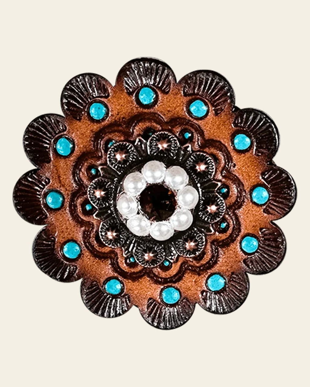 Topaz & Pearl Copper 1" European Crystal Concho and Leather Rosette on a warm cream background