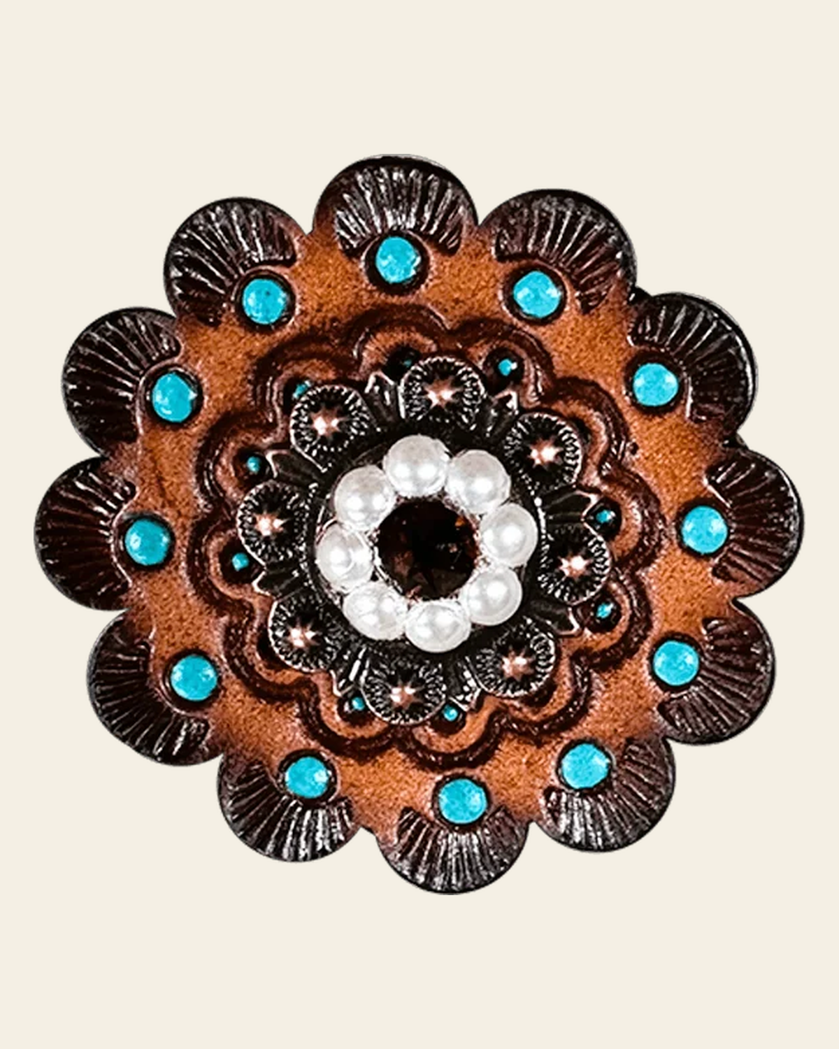 Topaz & Pearl Copper 1" European Crystal Concho and Leather Rosette on a warm cream background