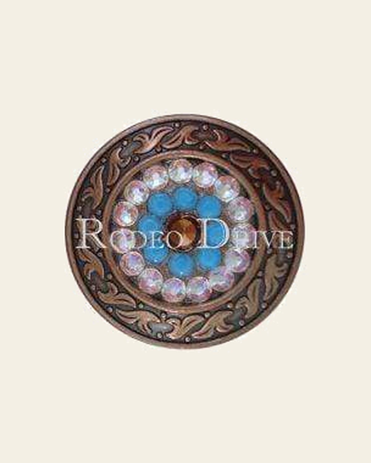Topaz Turquoise & AB Copper 1.5" Disc European Crystal Concho on a warm cream background