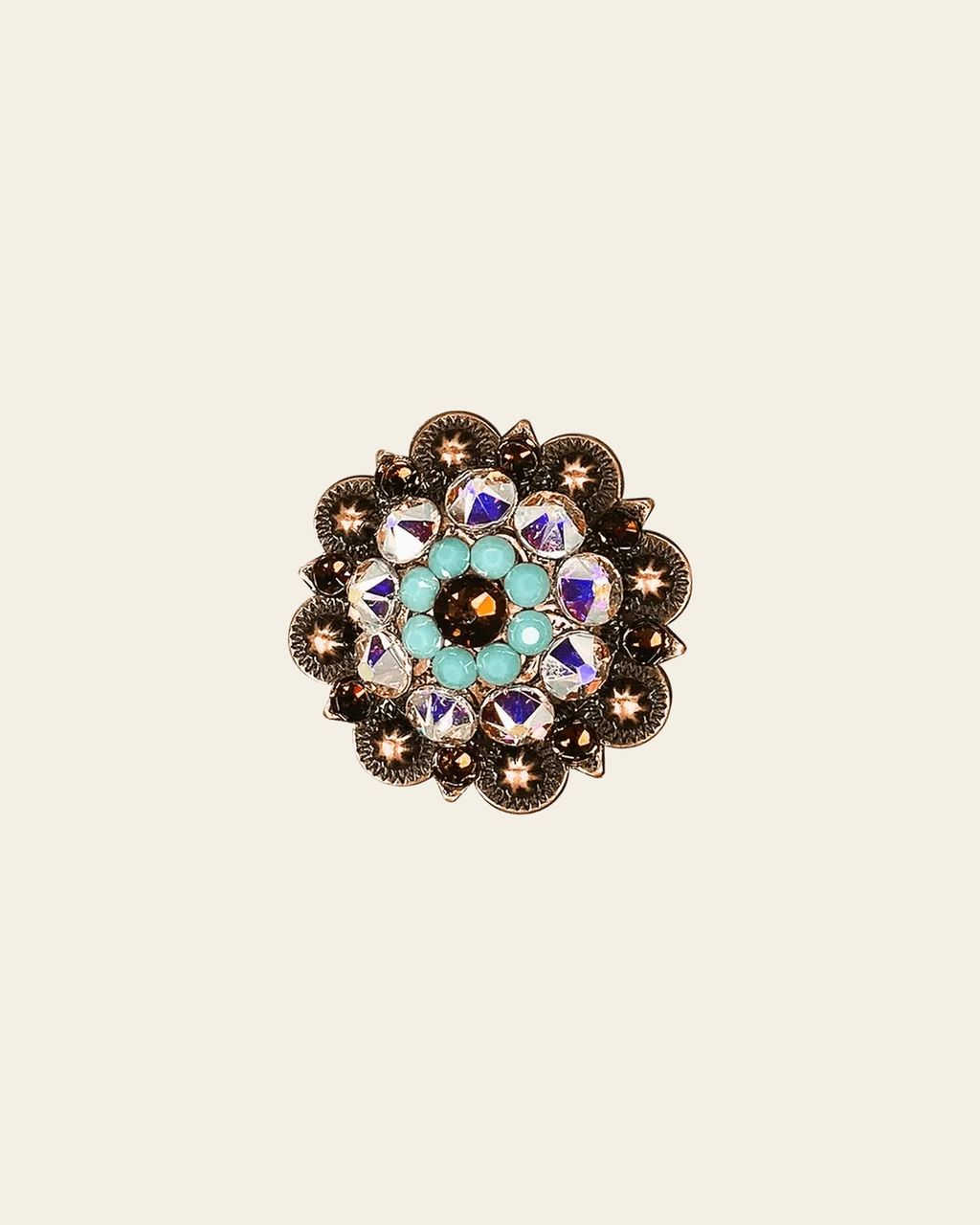 Topaz Turquoise & AB Copper 1.5" European Crystal Concho on a warm cream background