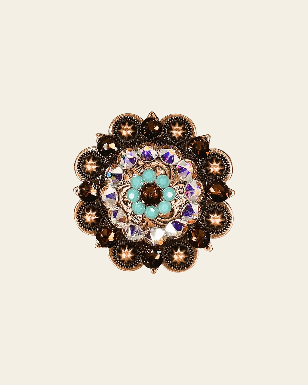 Topaz Turquoise & AB Copper 2" European Crystal Concho on a warm cream background