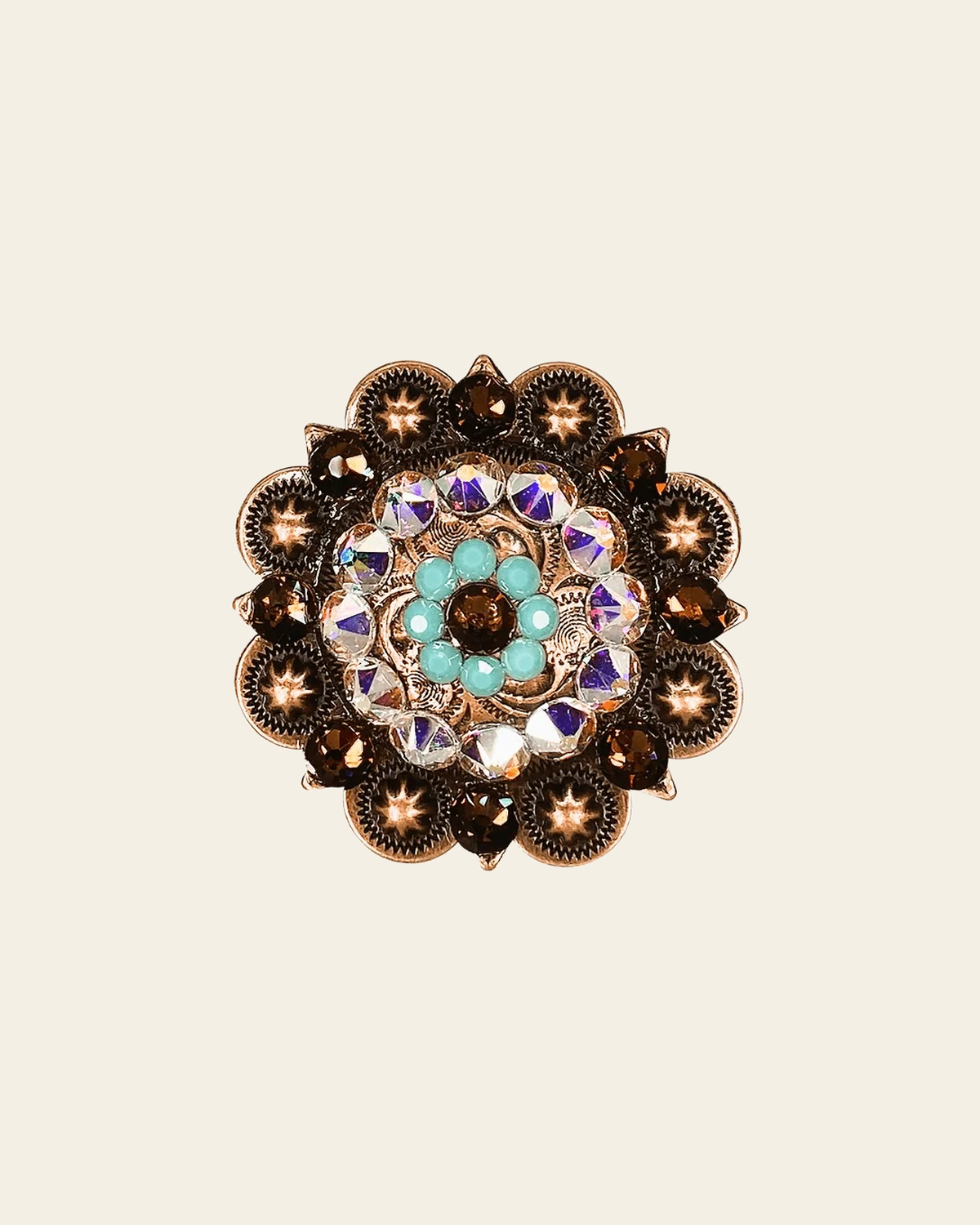 Topaz Turquoise & AB Copper 2" European Crystal Concho on a warm cream background