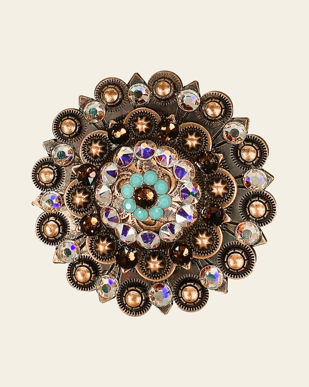 Topaz Turquoise & AB Copper Berry Jacket European Crystal on a warm cream background