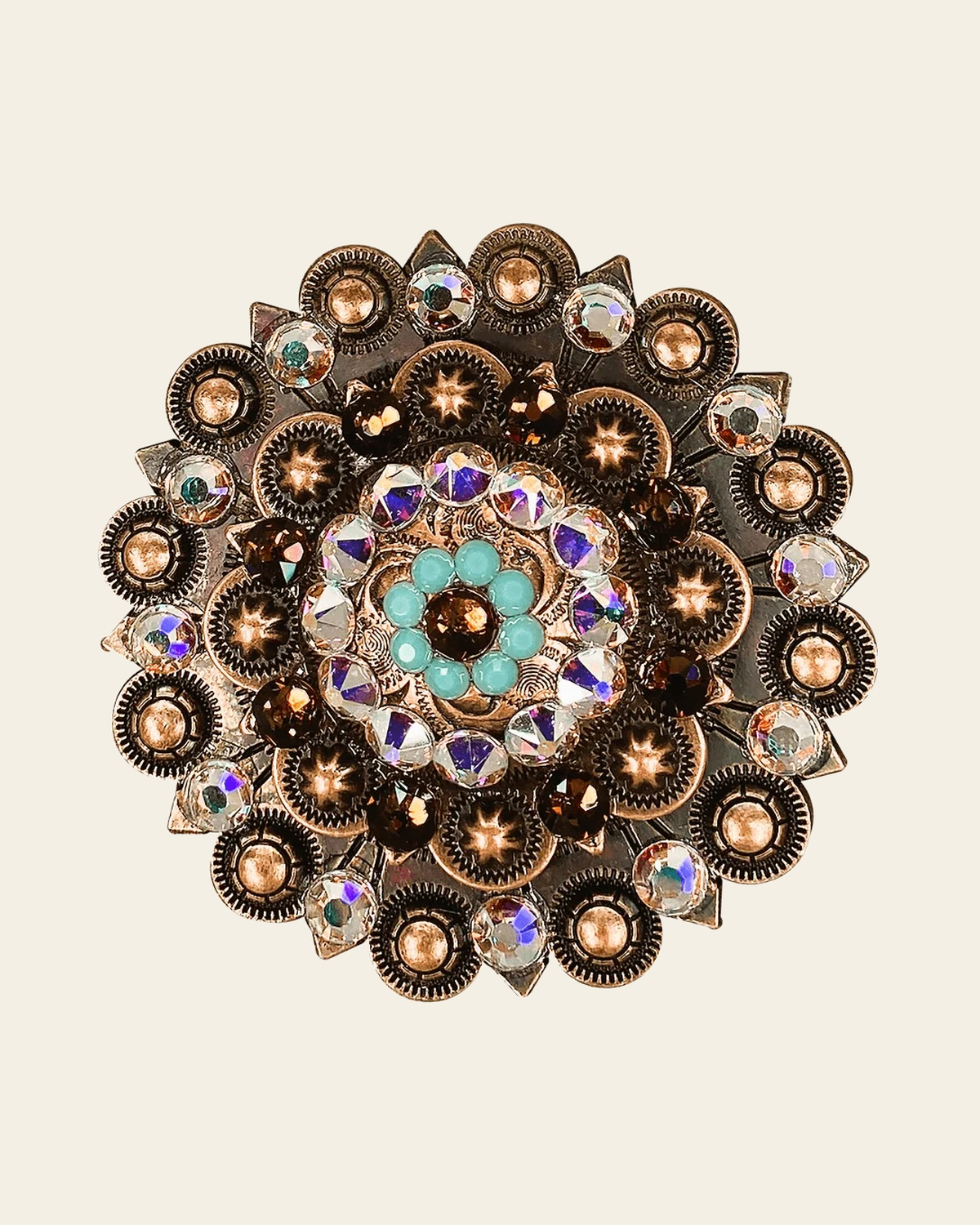 Topaz Turquoise & AB Copper Berry Jacket European Crystal on a warm cream background