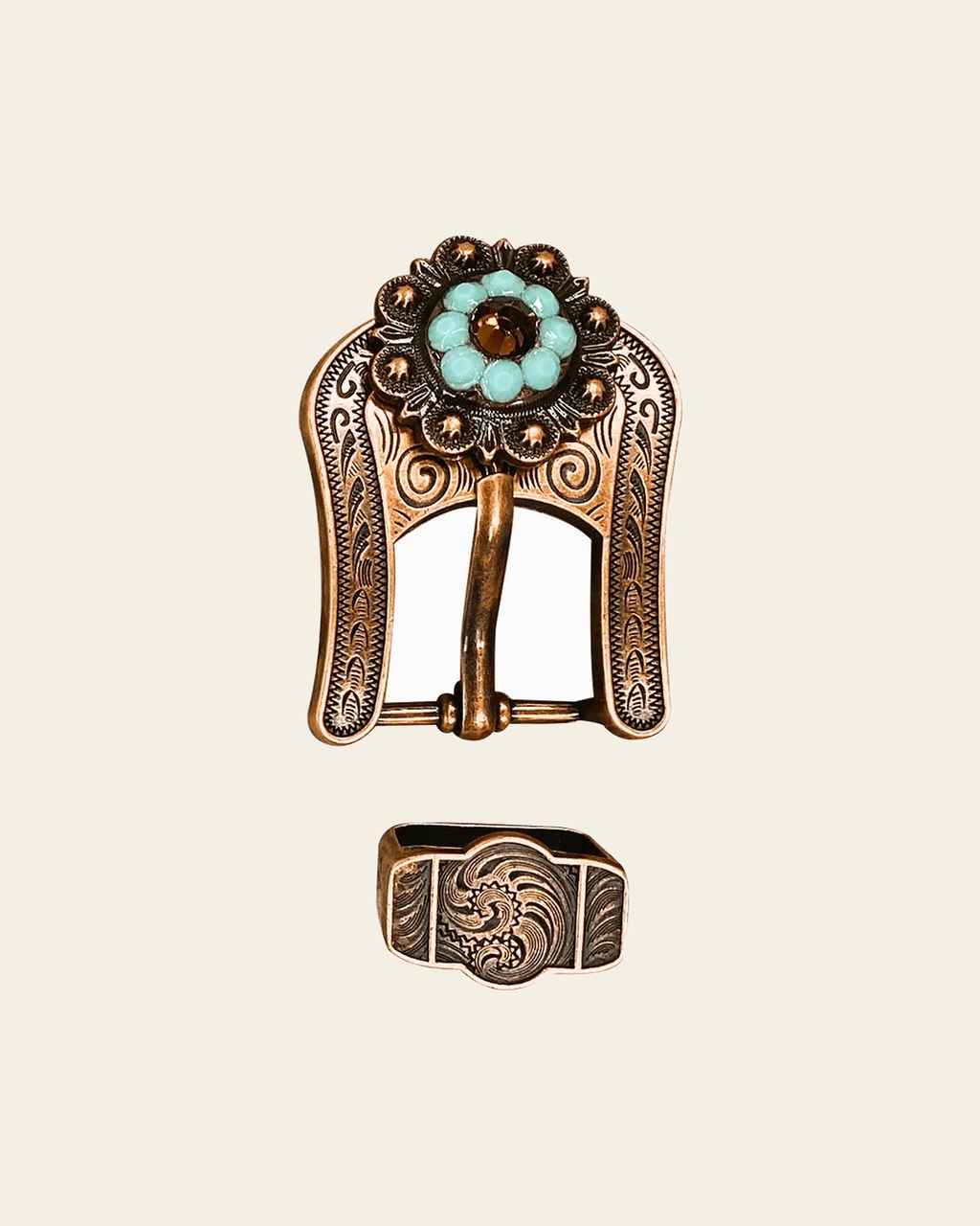Topaz Turquoise & AB Copper European Crystal Buckle Keeper Set on a warm cream background