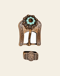 Topaz Turquoise & AB Copper European Crystal Buckle Keeper Set on a warm cream background