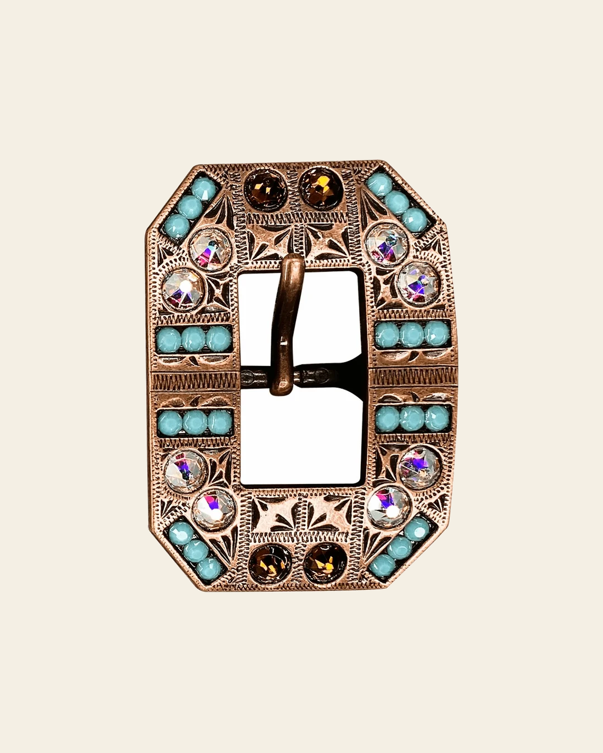 Topaz Turquoise & AB Copper European Crystal Square Cart Buckle on a warm cream background