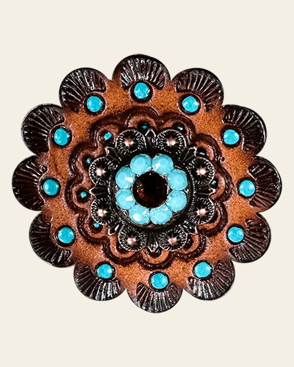Topaz & Turquoise Copper 1" European Crystal Concho and Leather Rosette on a warm cream background