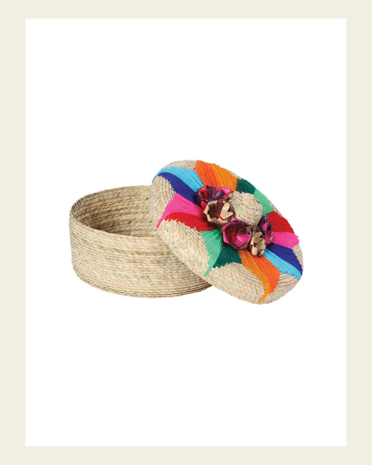Artisanal Tortilla Warmer 100% Palm Leaf Multicolor Flower 602928 on a warm cream background
