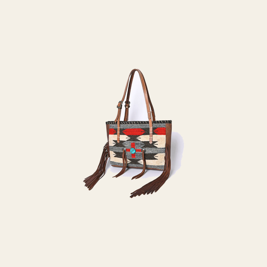 American Darling Western Leather Tote Bag with Fringe, Handwoven Saddle Blanket Panel, Adjustable Strap & Premium Genuine Leather