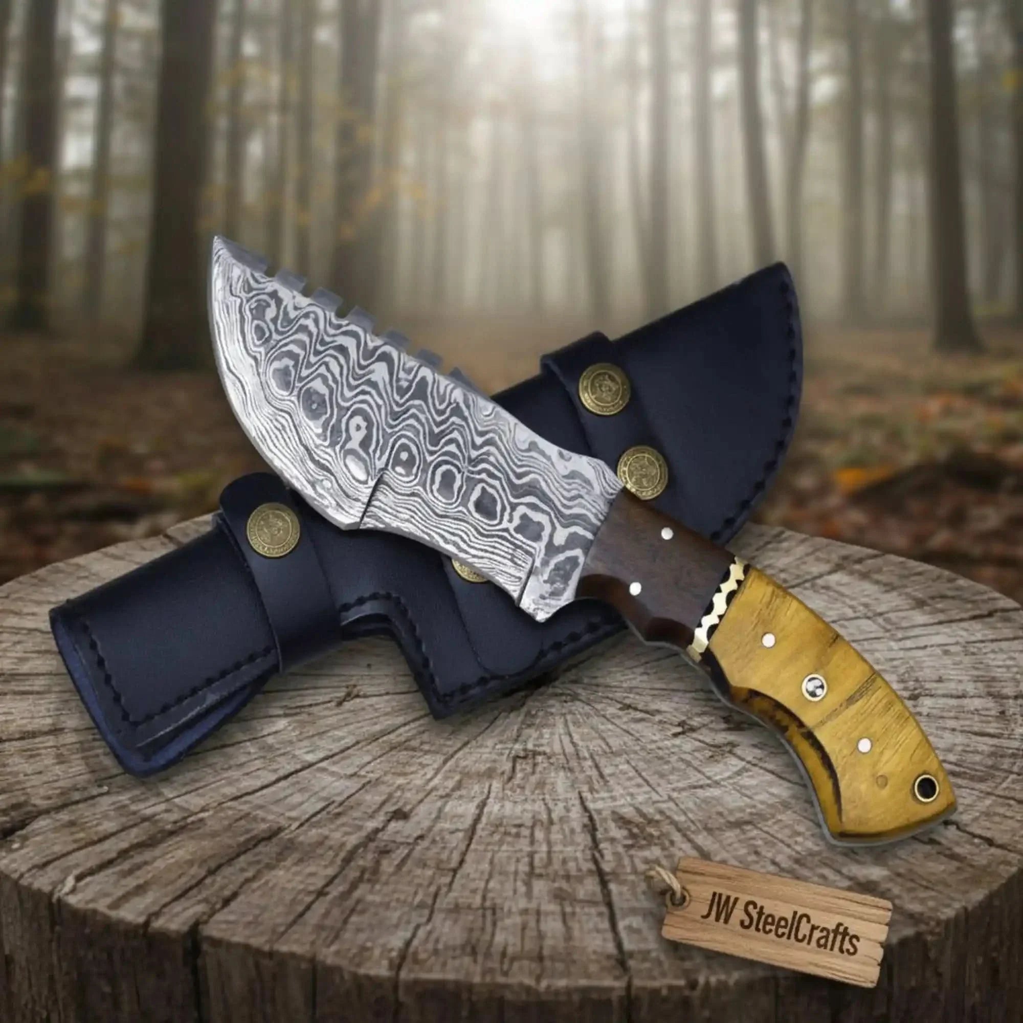 tracker knife Custom, 10", DAMASCUS KNIFE, Damascus steel knife, hunting, exotic Yellow Heart & Walnut wood handle, leather sheath