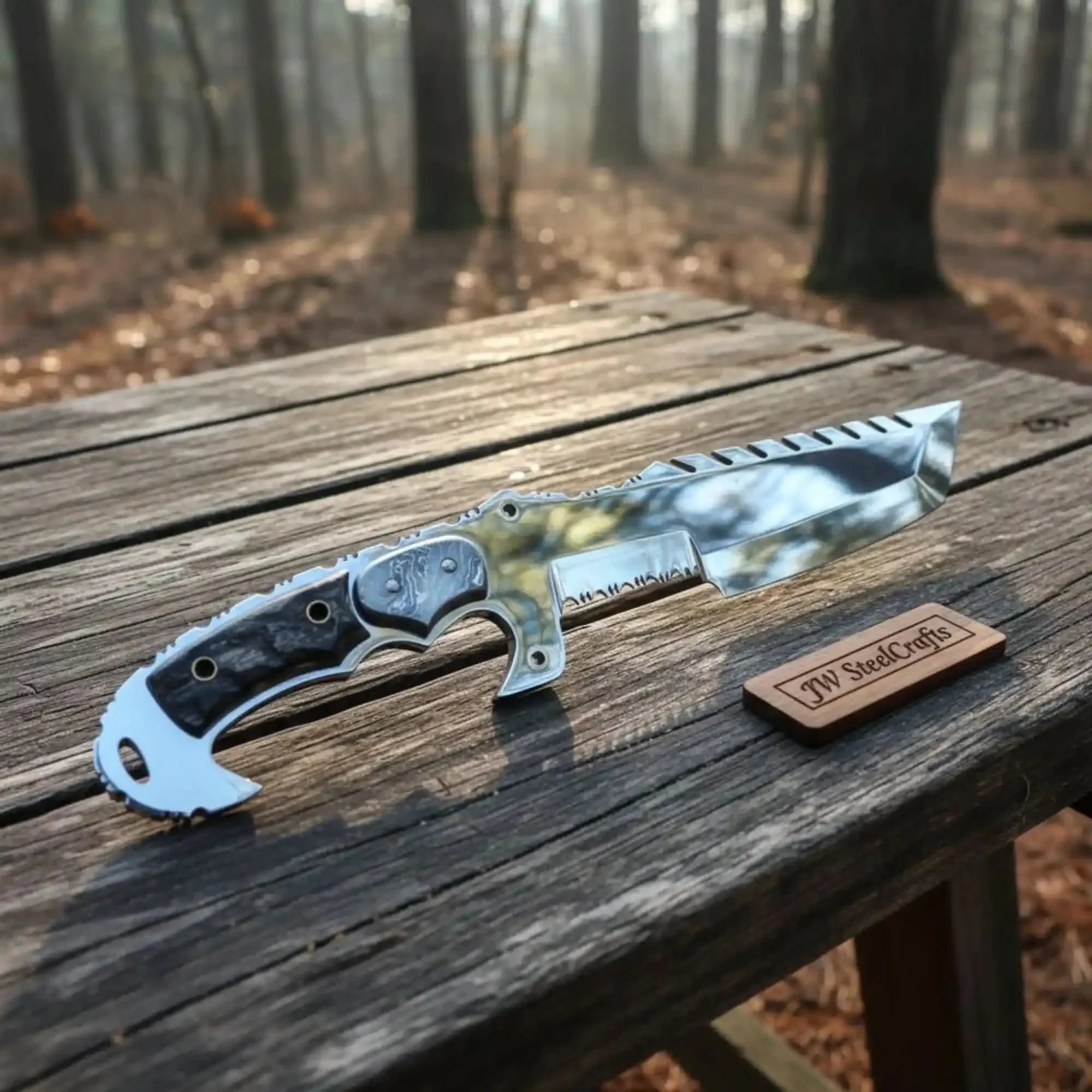 Tracker Knife Custom Handmade J2 Steel  Handle Sheep Horn & Damascus Bolster 13