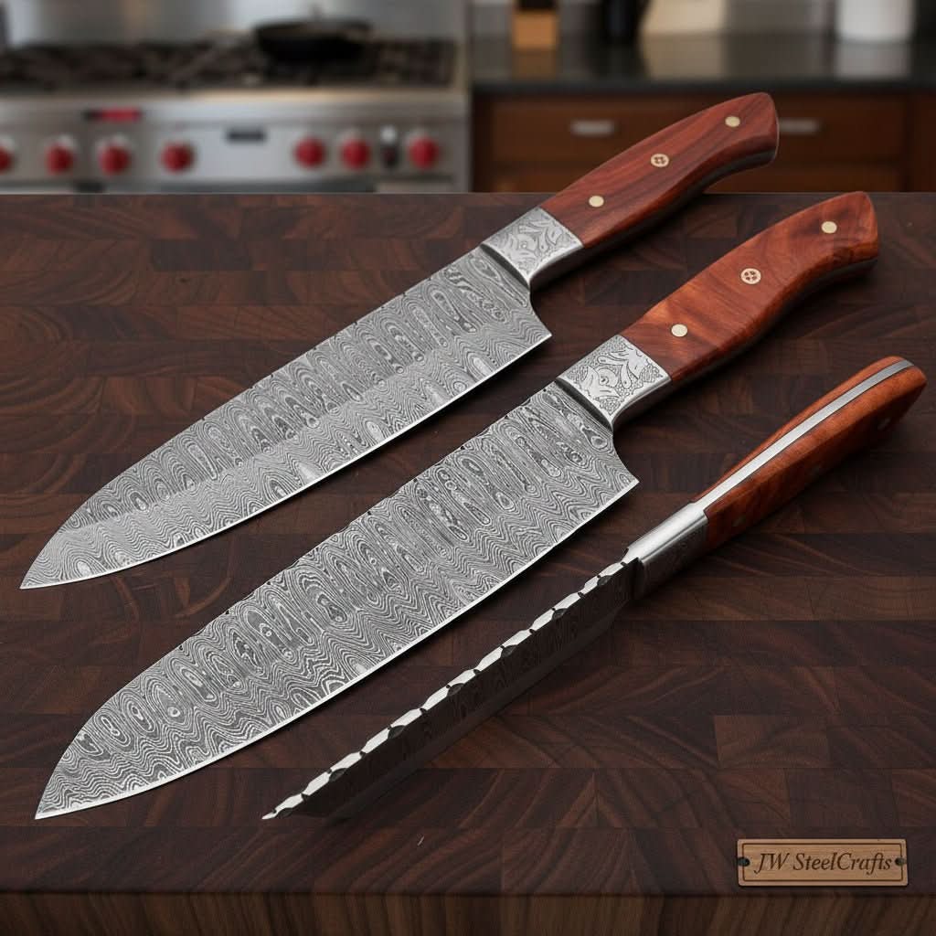 Handmade Damascus Gyuto Knife Set, Japanese Chef Knives with Forged Steel & Pakka Wood Handles