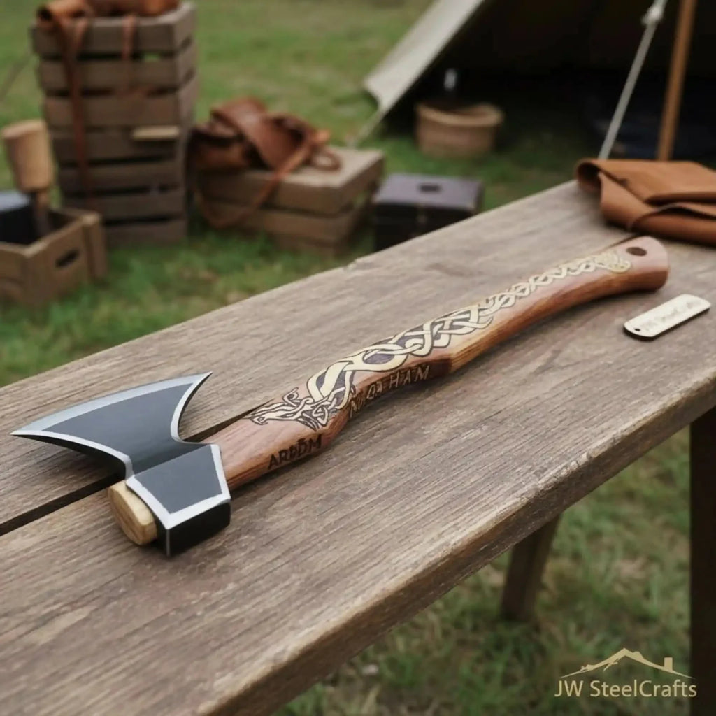 Hand-Forged Viking Bearded Camp Axe with Engraved Hardwood Handle