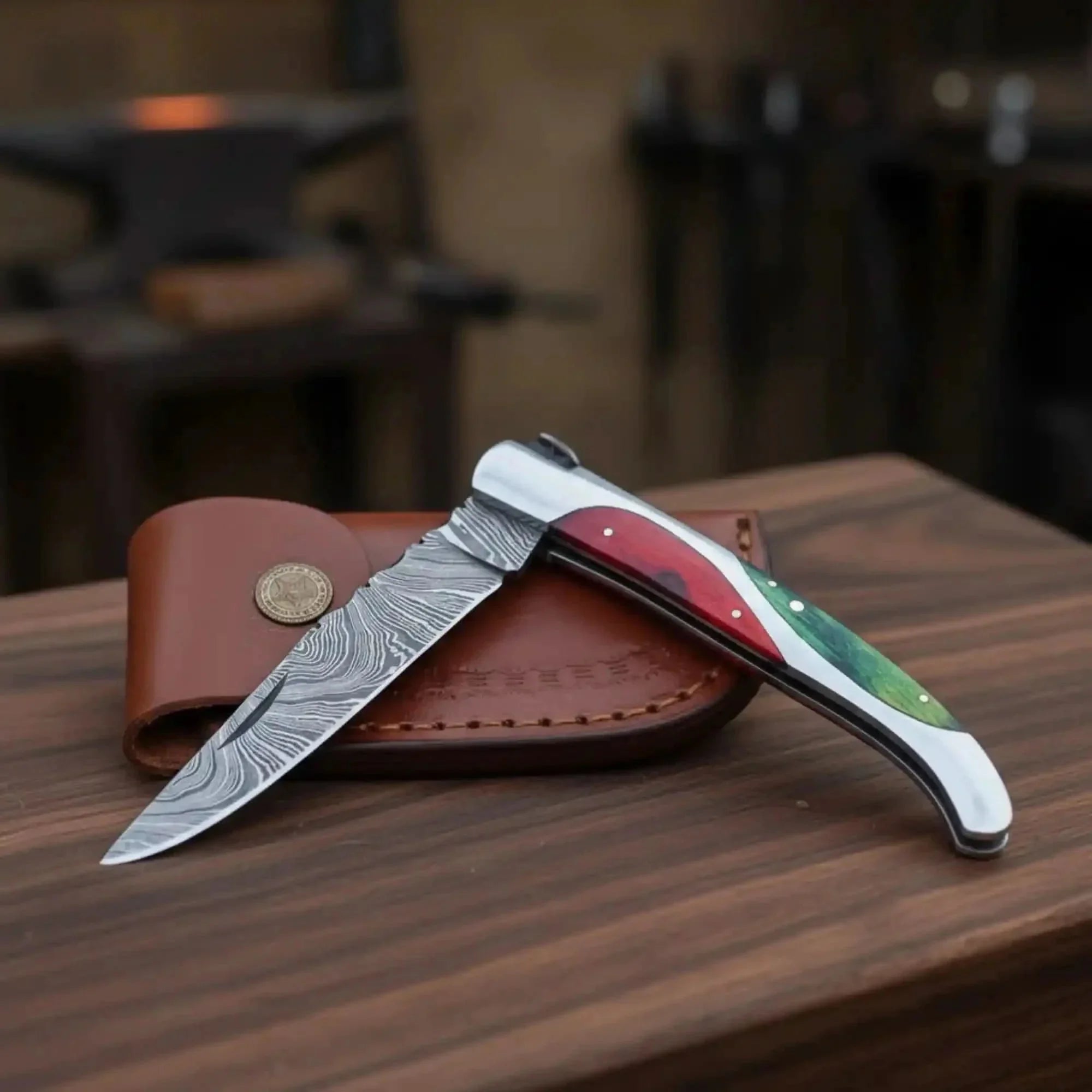 Traditional Slipjoint Folding Pocket Knife Damascus Steel 3.5 Inch Blade EDC with Leather Pouch