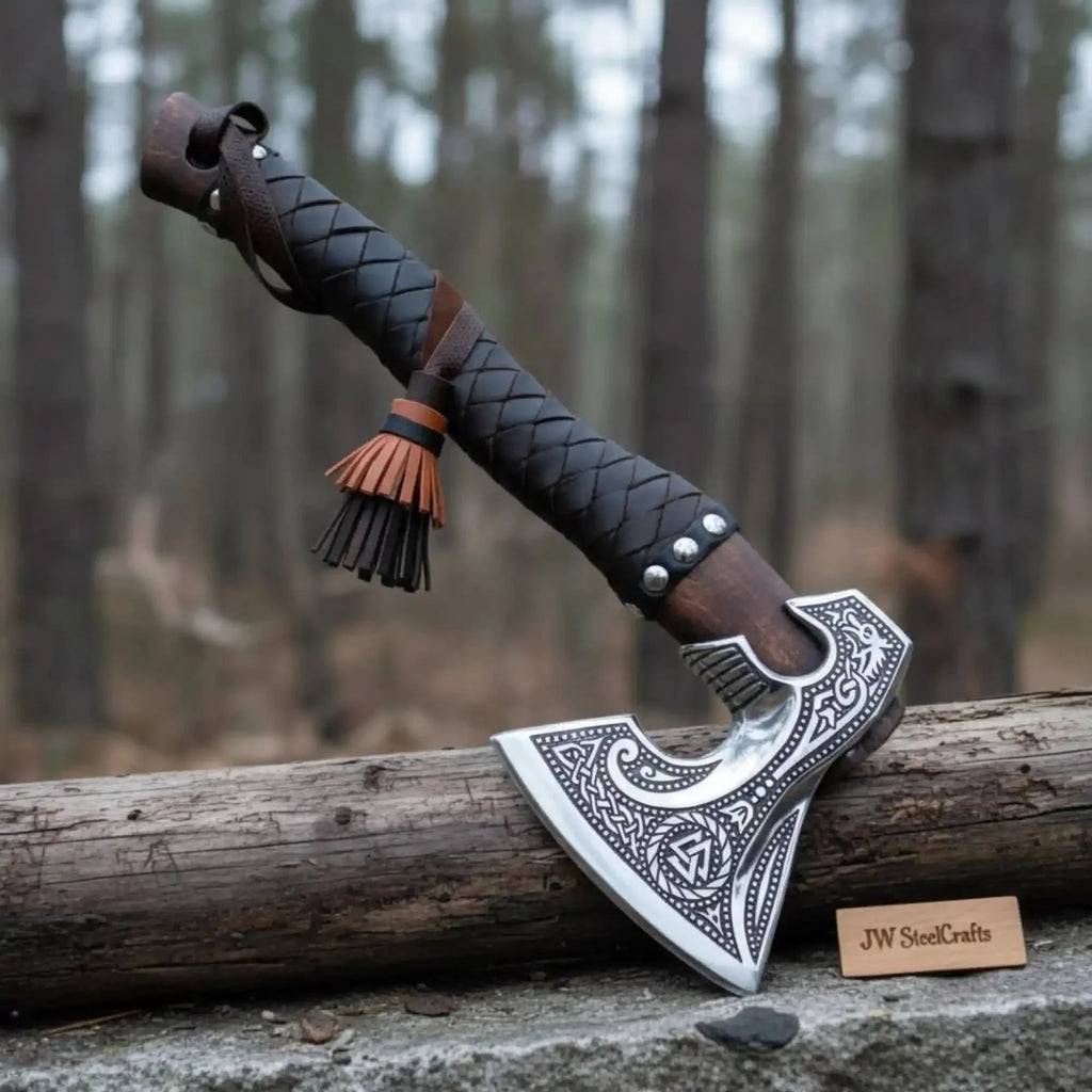 Norse Engraved Camp Hatchet with Leather Wrapped Handle and Belt Sheath | JW SteelCrafts