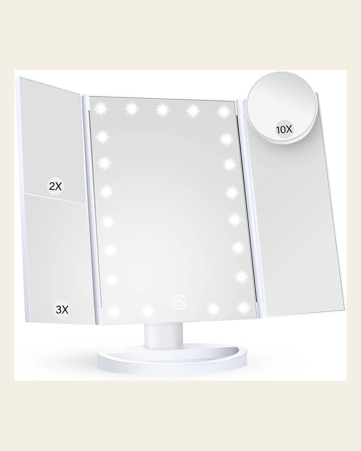 TRIFOLD LIGHT UP MAKEUP MIRROR x GlowJunkie on a warm cream background