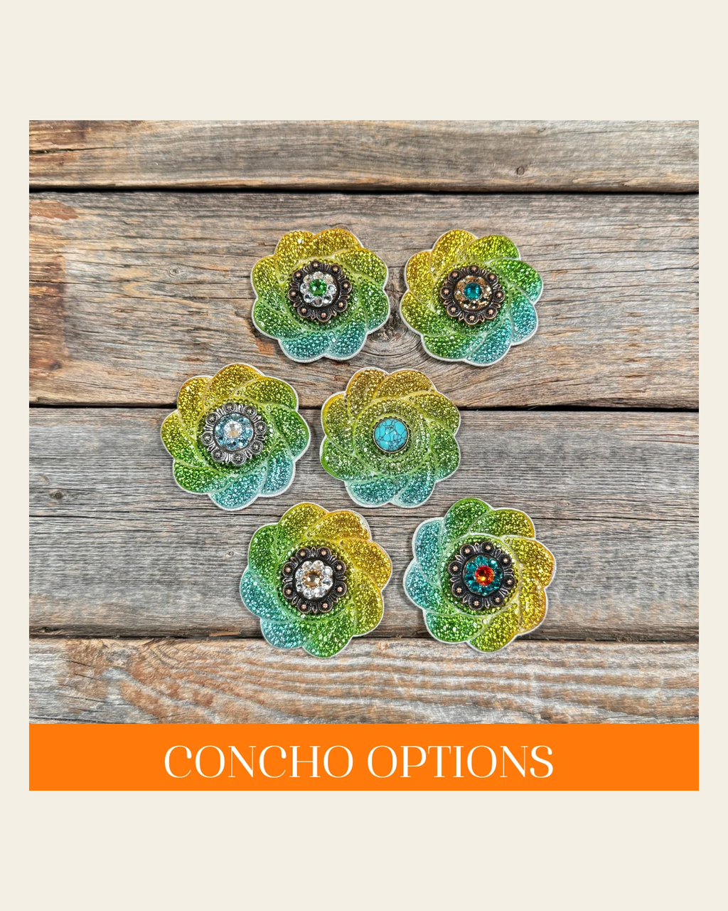 Triple Color Flower Rhinestone Rosette - Assorted Conchos on a warm cream background