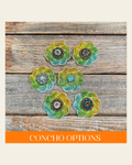 Triple Color Flower Rhinestone Rosette - Assorted Conchos on a warm cream background