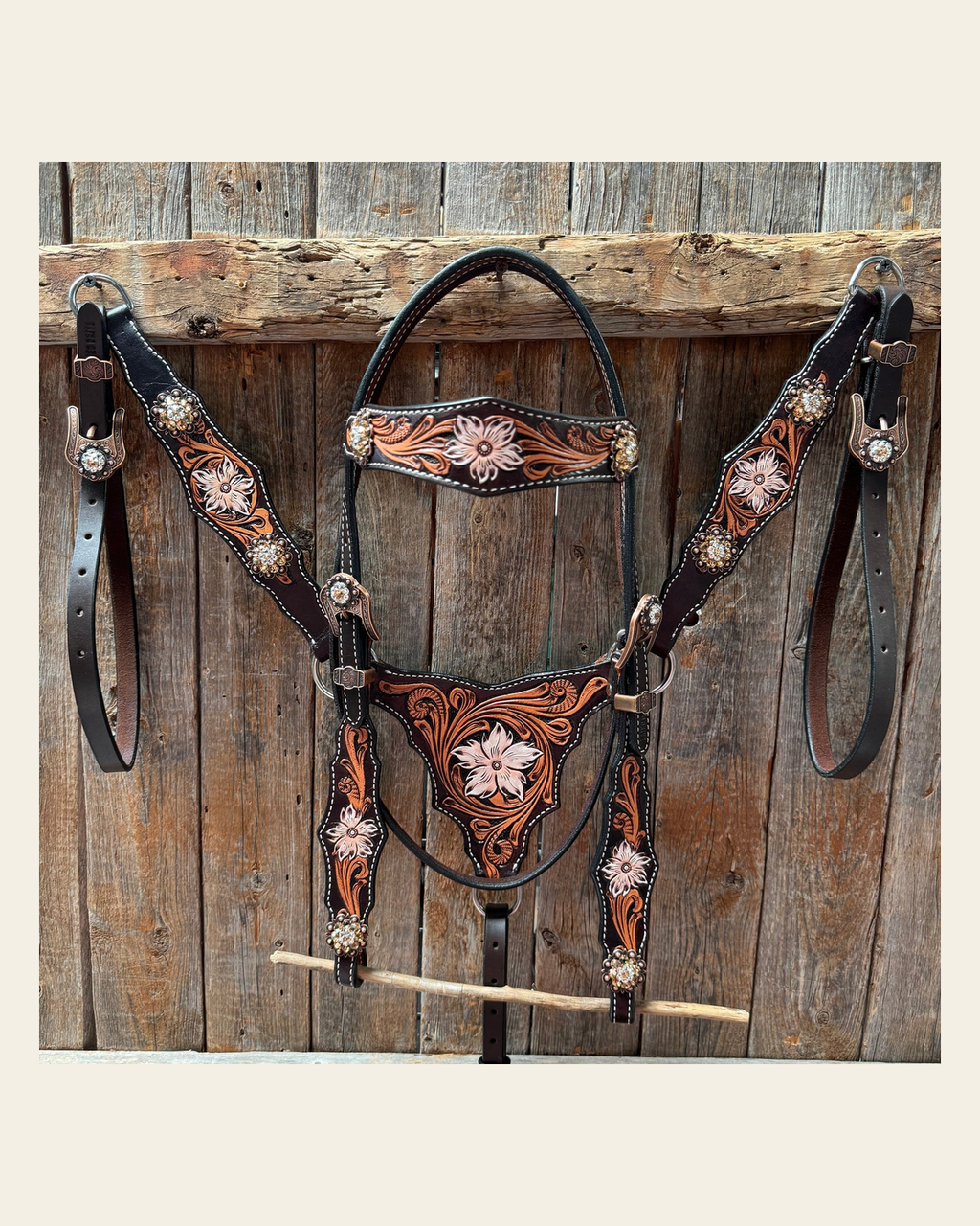 Triple Tone Floral Champagne and Clear Browband / One Ear - Triangle / Gladiator Breastcollar Tack Set #BBBC648 on a warm cream background