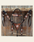 Triple Tone Floral Champagne and Clear Browband / One Ear - Triangle / Gladiator Breastcollar Tack Set #BBBC648 on a warm cream background