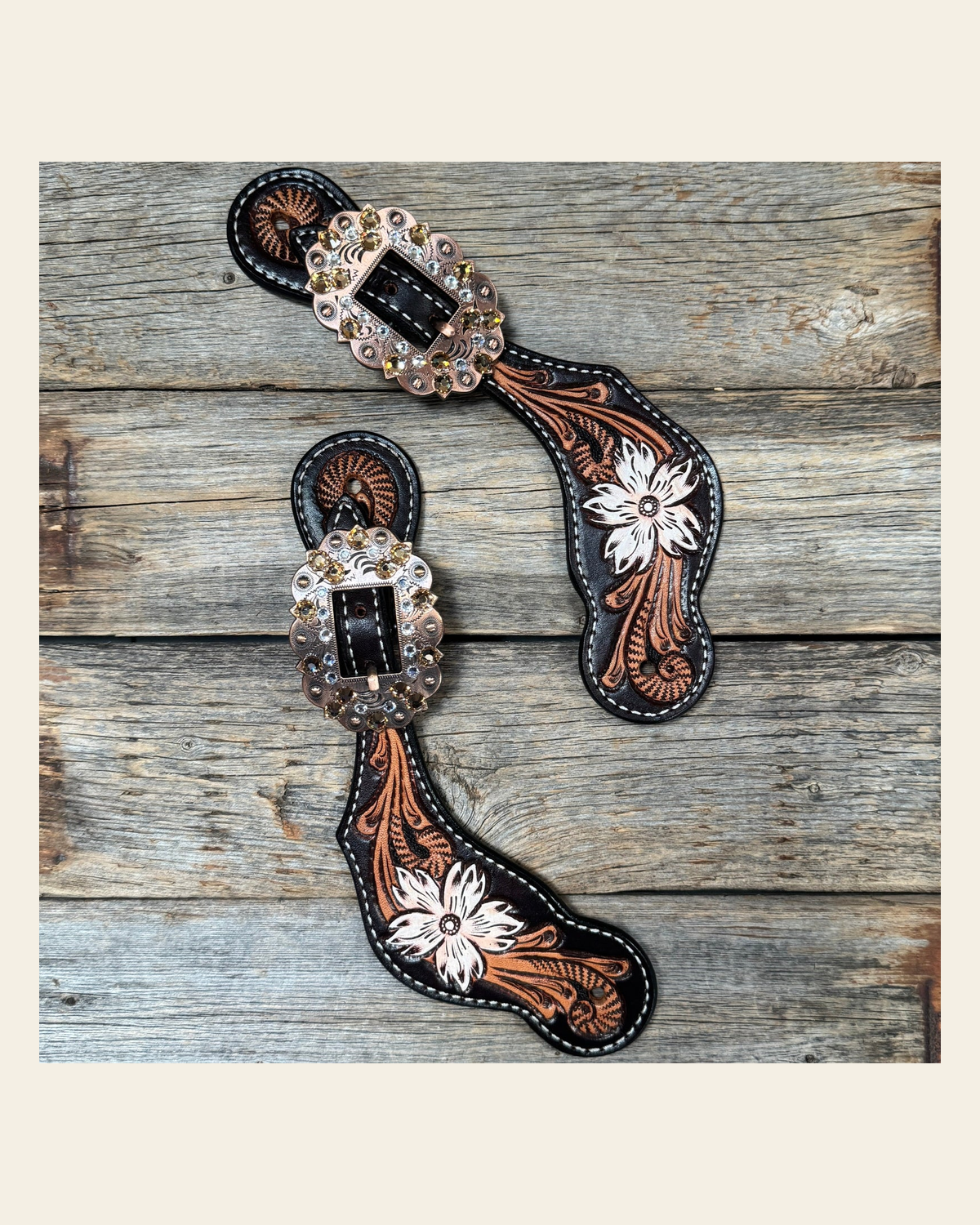 Triple Tone Floral Champagne, Clear Spur Straps #SS140 on a warm cream background
