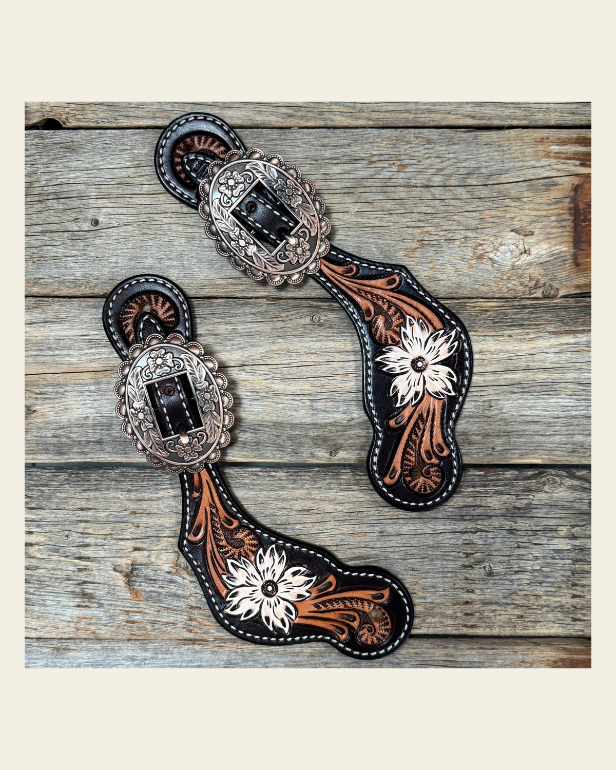 Triple Tone Floral Copper Floral Spur Straps #SS141 on a warm cream background