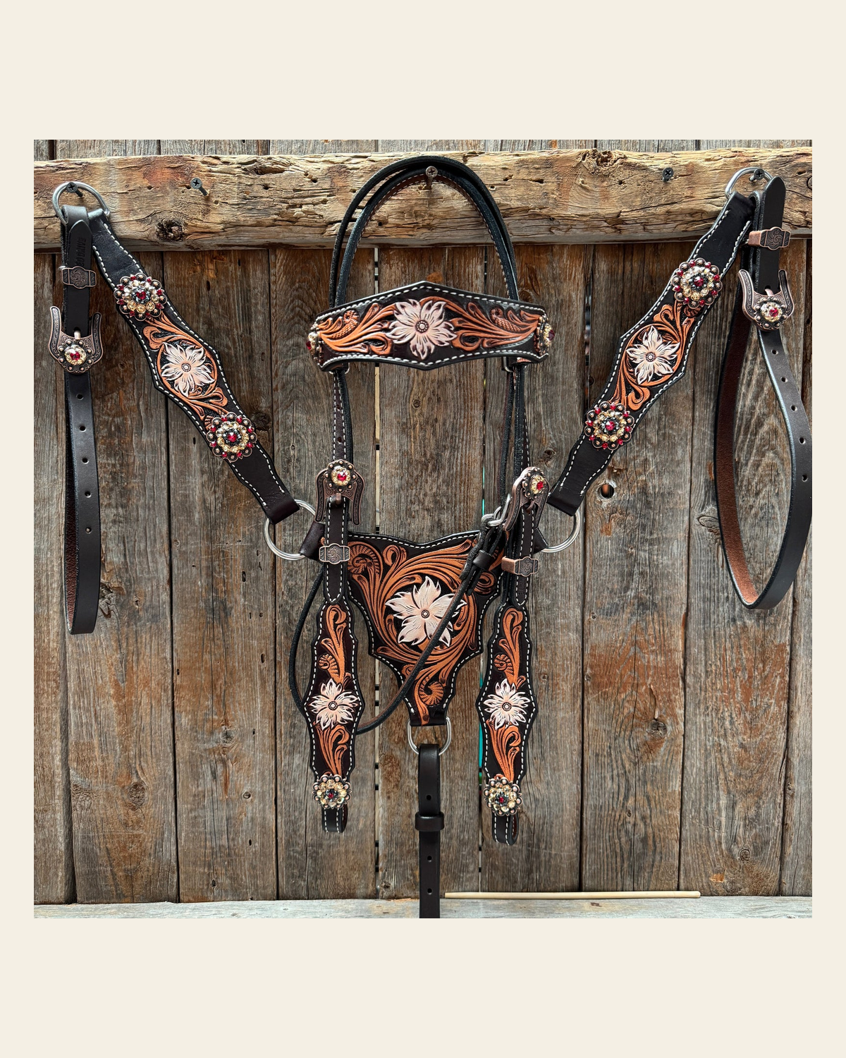 Triple Tone Floral Ruby, Jet and Champagne Browband - Triangle / Gladiator Breastcollar Tack Set #BBBC451 on a warm cream background