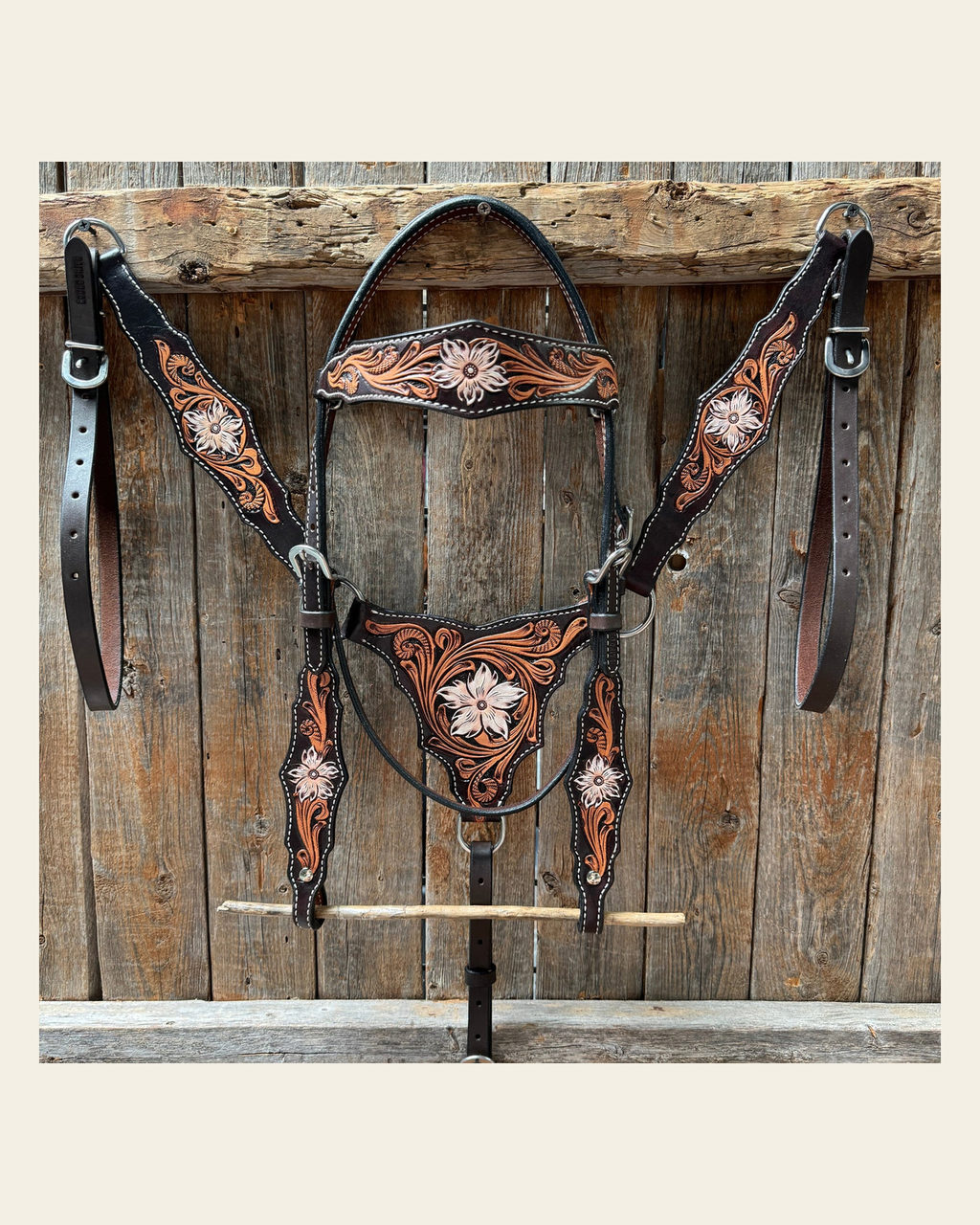 Triple Tone Floral Triangle / Gladiator Browband/ One Ear Breastcollar Tack Set on a warm cream background