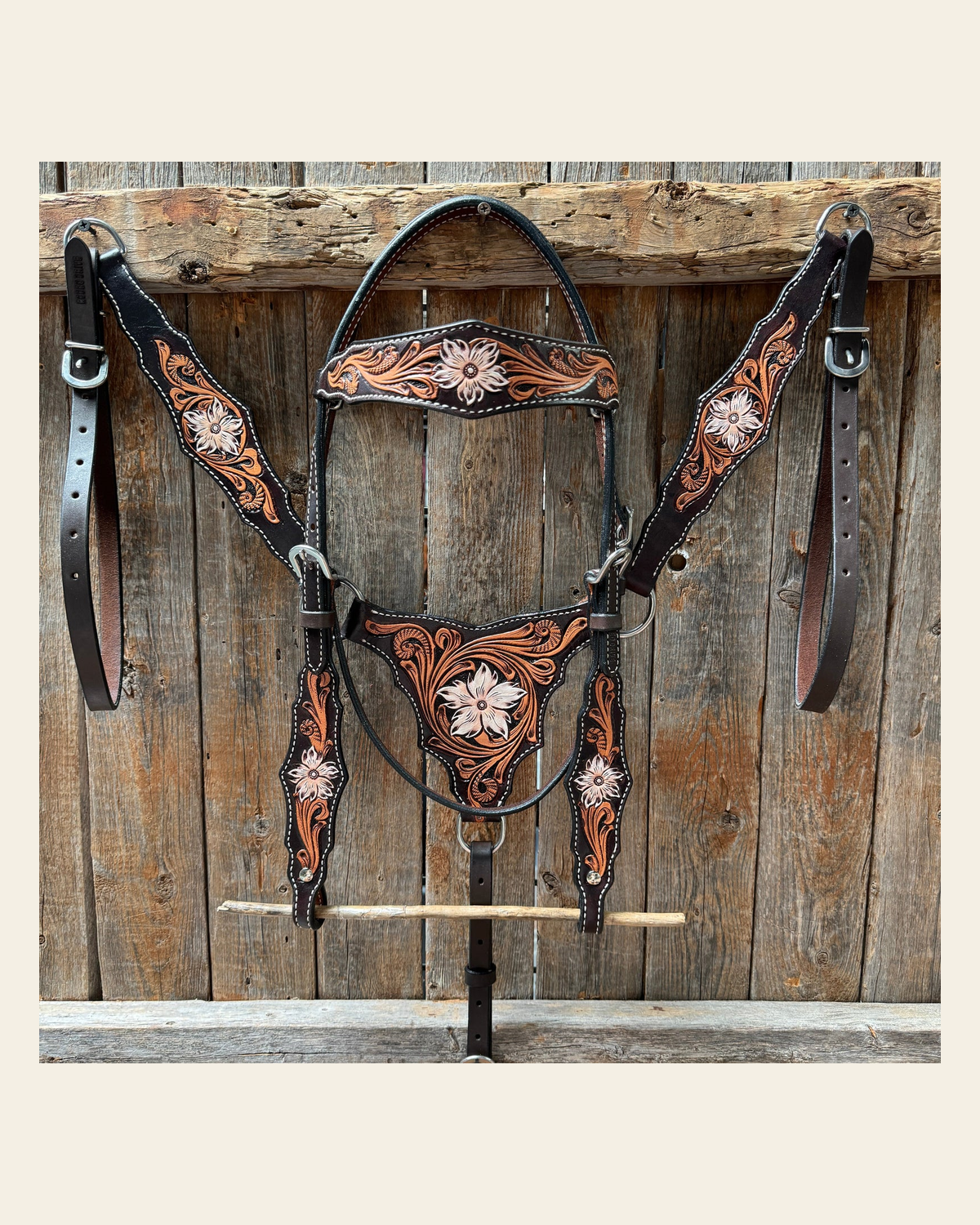 Triple Tone Floral Triangle / Gladiator Browband/ One Ear Breastcollar Tack Set on a warm cream background