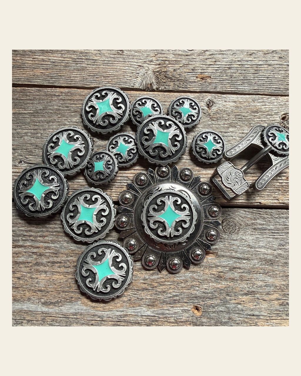 Turquoise Diamond Antique Silver Western Concho W148 on a warm cream background