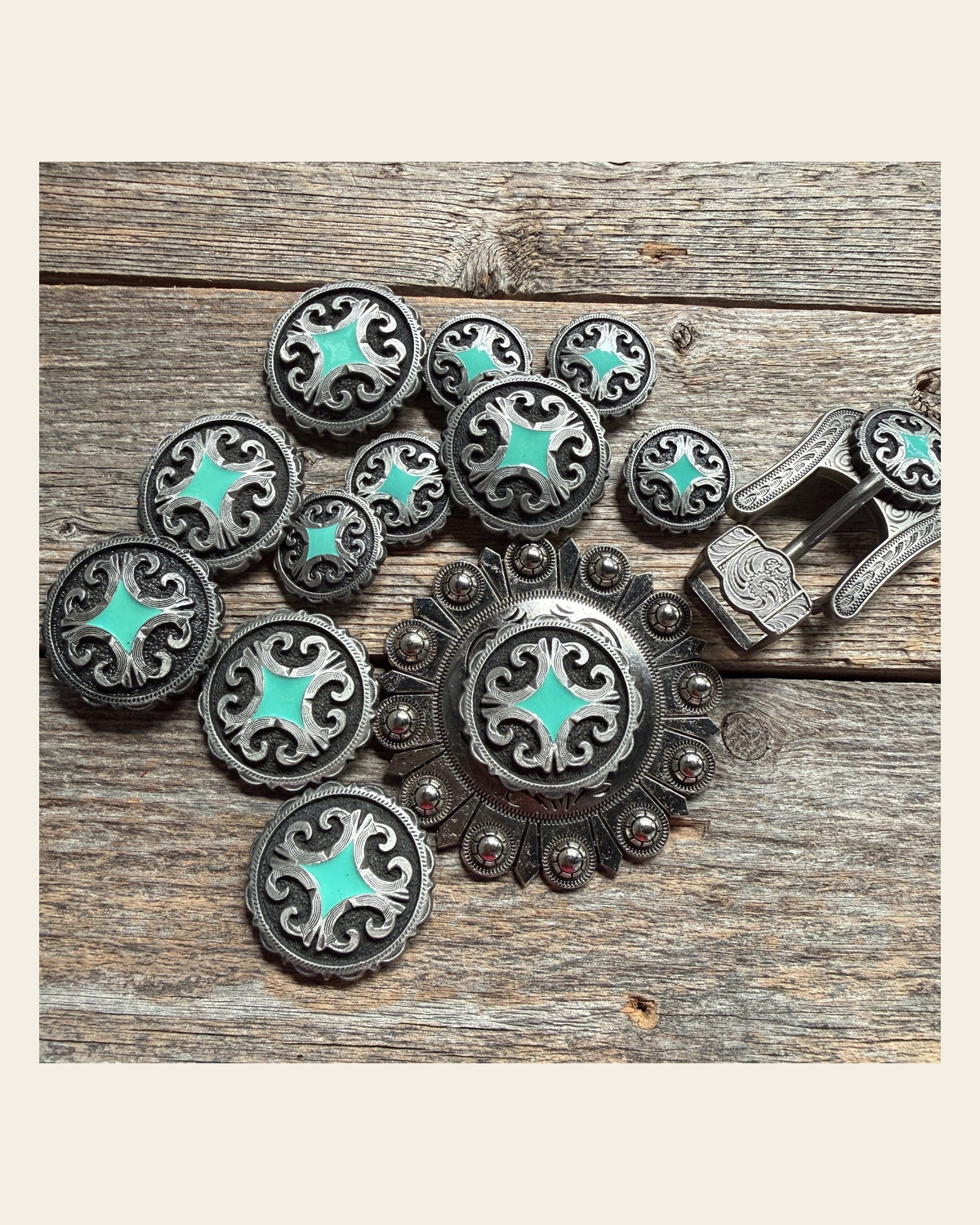 Turquoise Diamond Antique Silver Western Concho W148 on a warm cream background