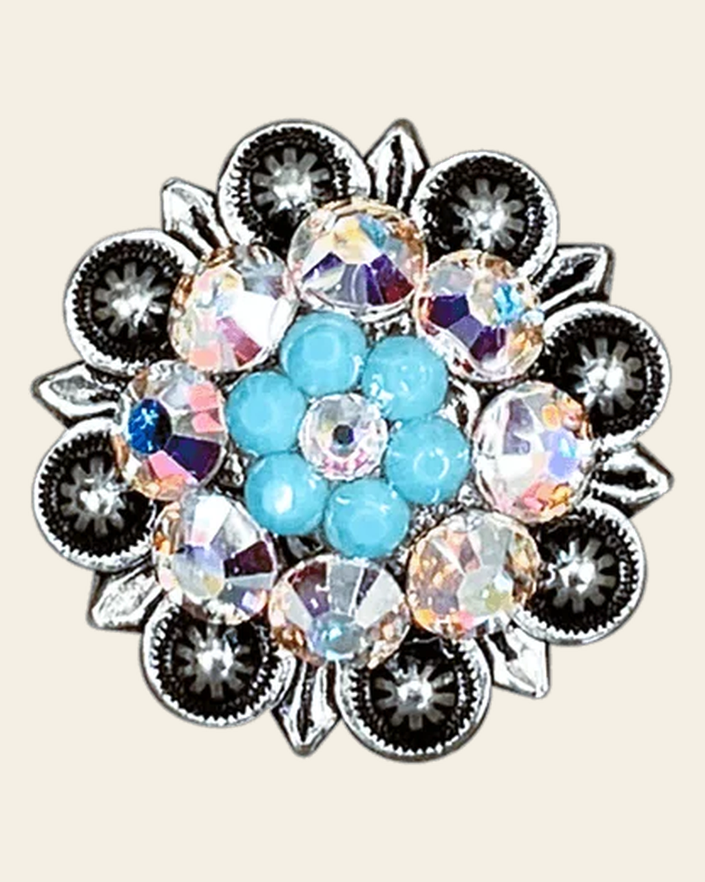 Turquoise & AB Antique Silver 1.25" European Crystal Concho on a warm cream background
