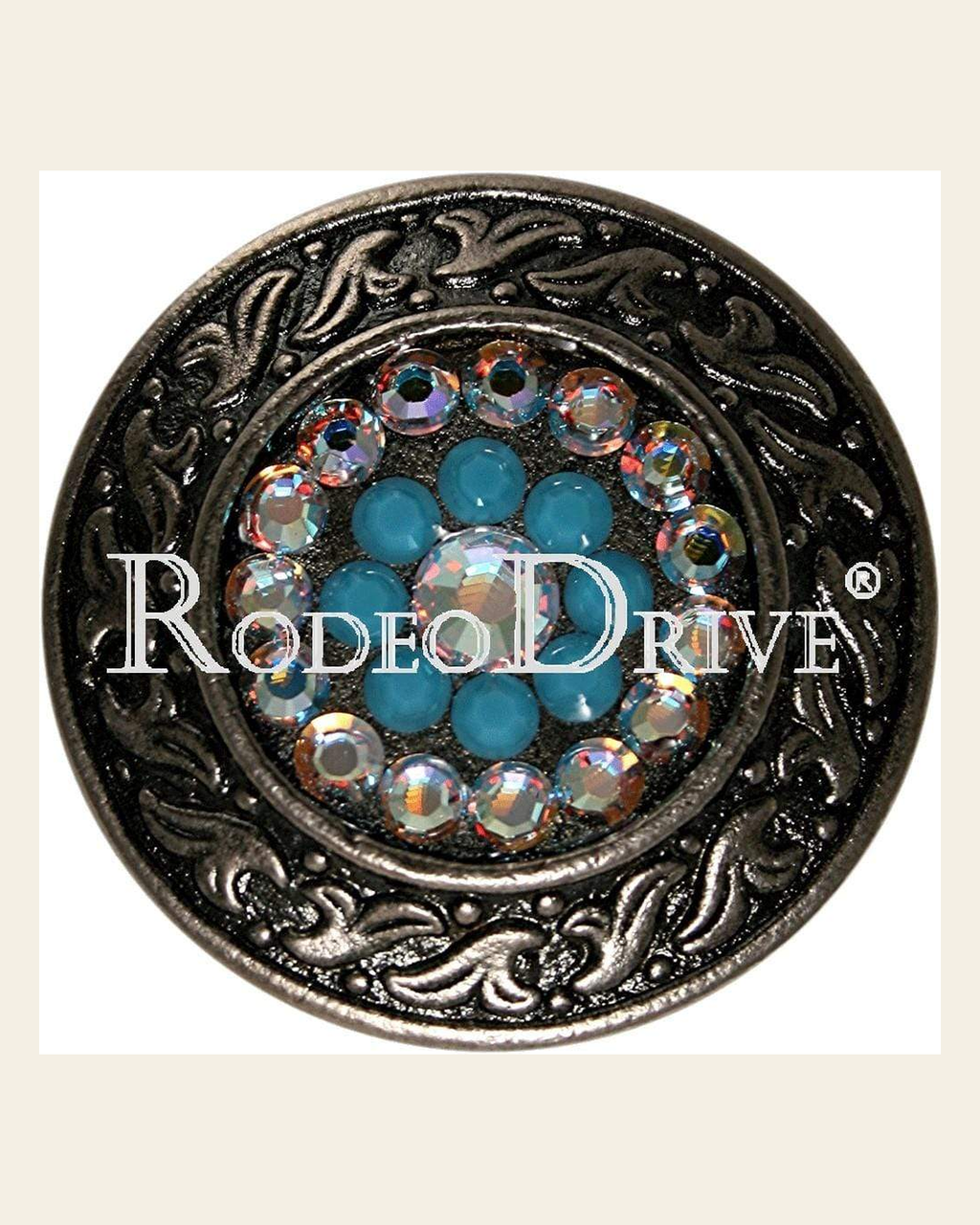 Turquoise & AB Antique Silver 1.5" Disc European Crystal Concho on a warm cream background
