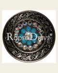 Turquoise & AB Antique Silver 1.5" Disc European Crystal Concho on a warm cream background