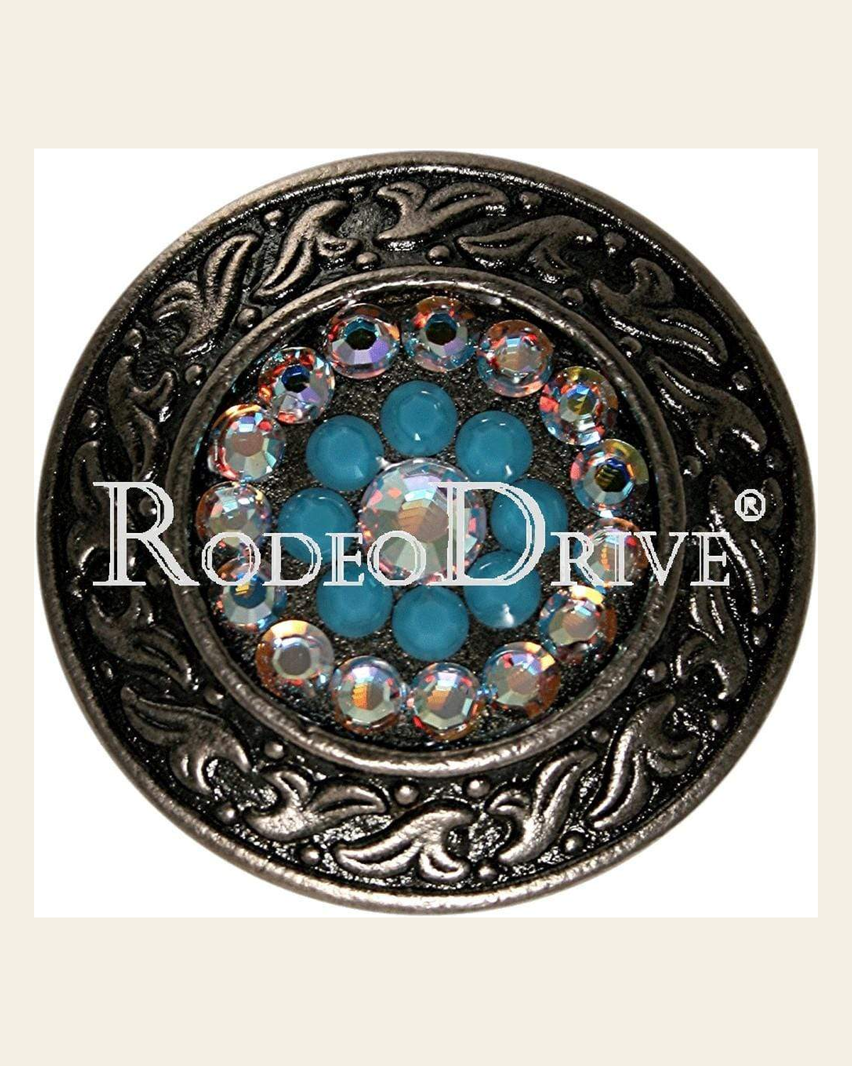Turquoise & AB Antique Silver 1.5" Disc European Crystal Concho on a warm cream background