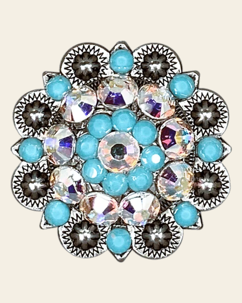 Turquoise & AB Antique Silver 1.5" European Crystal Concho on a warm cream background