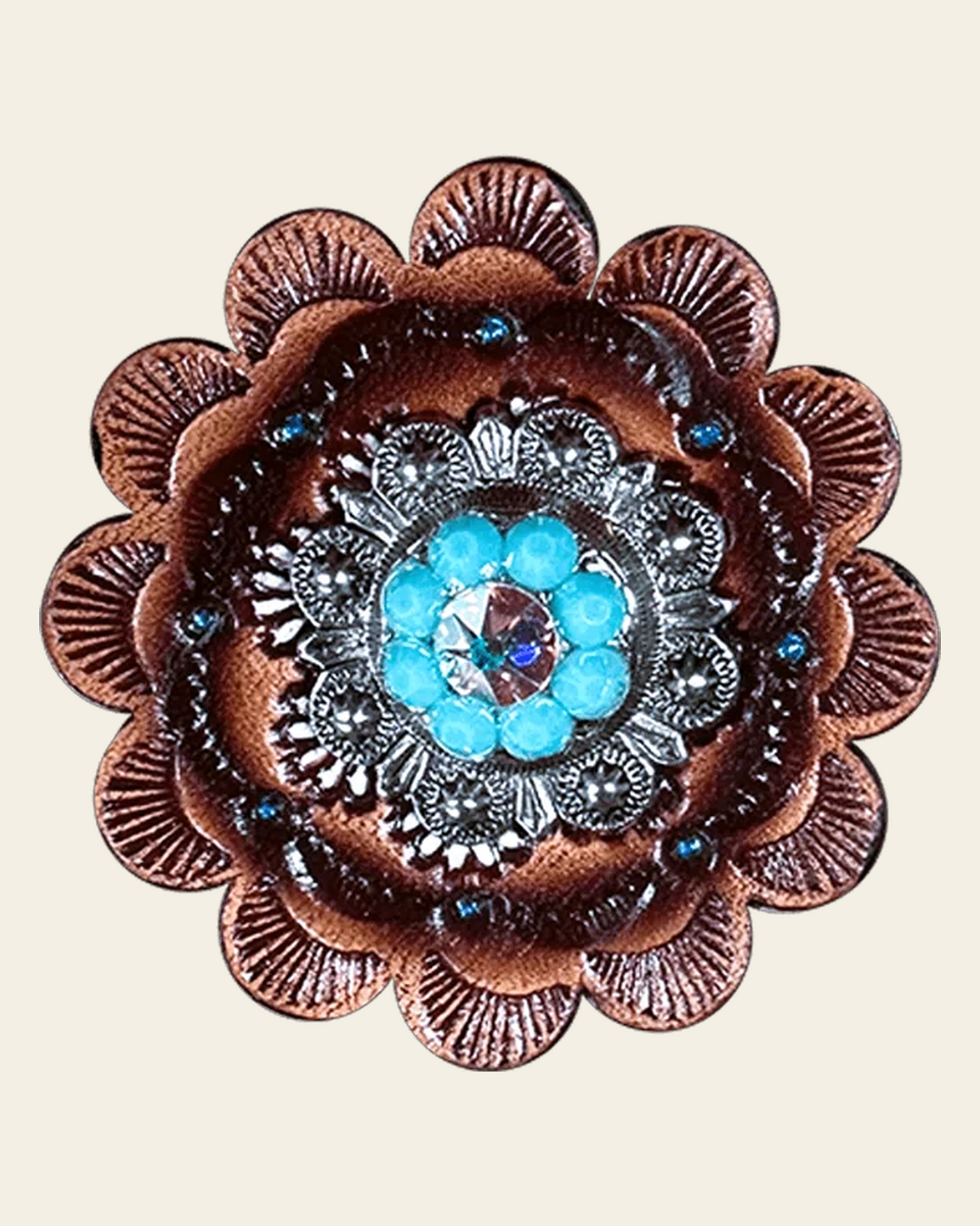 Turquoise & AB Antique Silver 1" European Crystal Concho and Leather Rosette on a warm cream background
