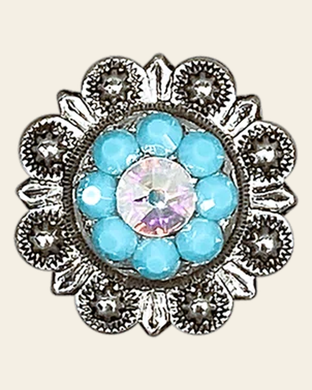 Turquoise & AB Antique Silver 1" European Crystal Concho on a warm cream background