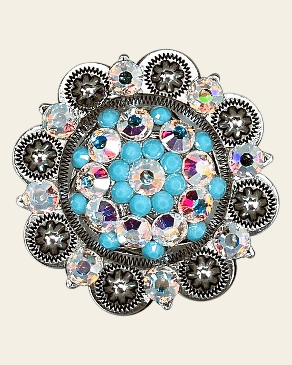 Turquoise & AB Antique Silver 2" European Crystal Concho on a warm cream background
