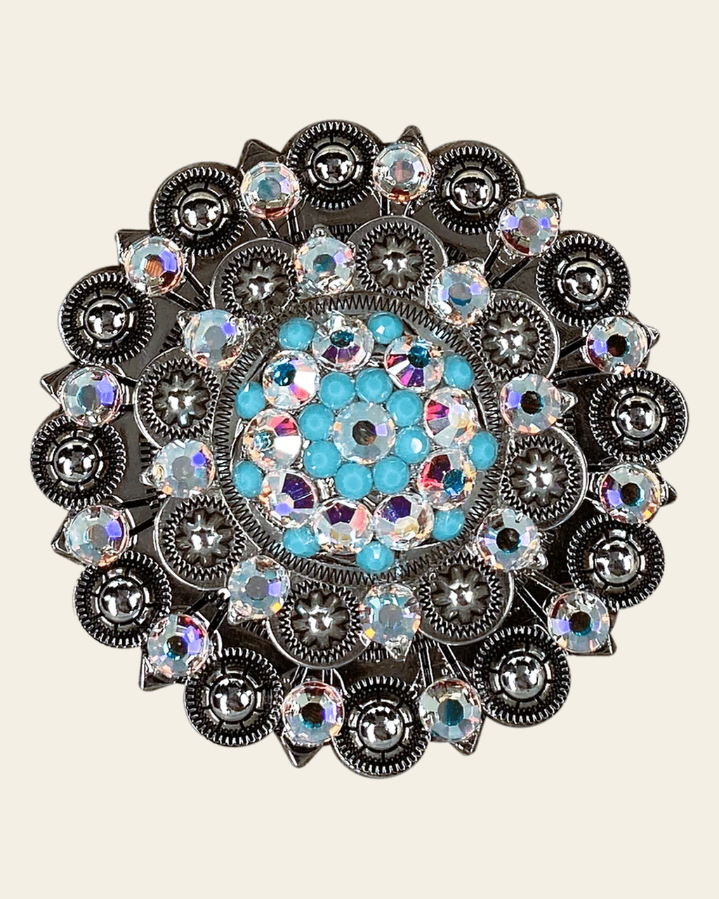 Turquoise & AB Antique Silver Berry Jacket European Crystal on a warm cream background